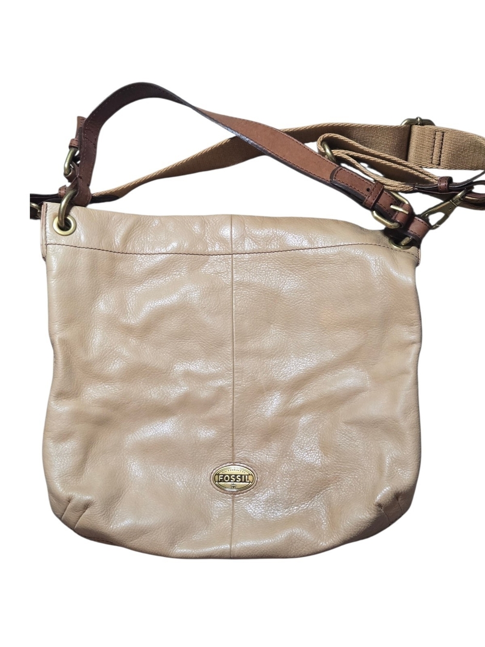 Fossil Tan/Beige Leather Crossbody Bag with Adjustable Strap